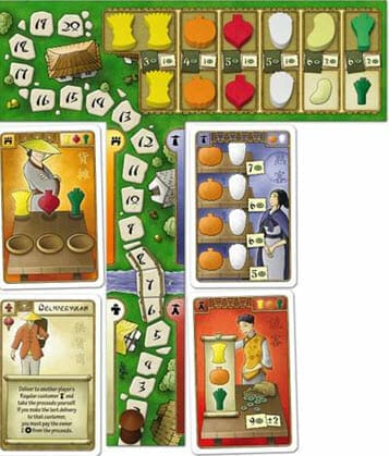 Ενα μανάβικο!πάνω δεξιά βλέπουμε τα λαχανικά που μπορεί να αγοράζει ή να πουλάει ο κάτοχος του.Αυτά χρησιμοποιούντε κυρίως σαν σπόροι για να φυτεύουμε σε νέα χωράφια ή να πουλήσουμε για έξτρα εισόδημα.Ενα φασόλι μπορούμε να το αγοράσουμε για 6 νομίσματα ή να το πουλήσουμε(βάζοντας το σε άδεια θέση στο ταμπλό μας)για 2 νομίσματα.Επίσης βλέπουμε τις ανάλογες θέσεις καρτών: πάνω αριστερά:αγορές(δίνουν ένα συγκεκριμένο λαχανικό με αντάλλαγμα ένα οποιοδήποτε δικό μας) πάνω δεξιά:μόνιμοι πελάτες που θέλουν σε κάθε γύρο συγκεκριμένα προ΄ι΄όντα αλλιώς θυμώνουν!!! κάτω αριστερά:διάφοροι βοηθοί γενικών καθηκόντων κάτω δεξιά:περαστικοί πελάτες,προμήθεια για μία φορά